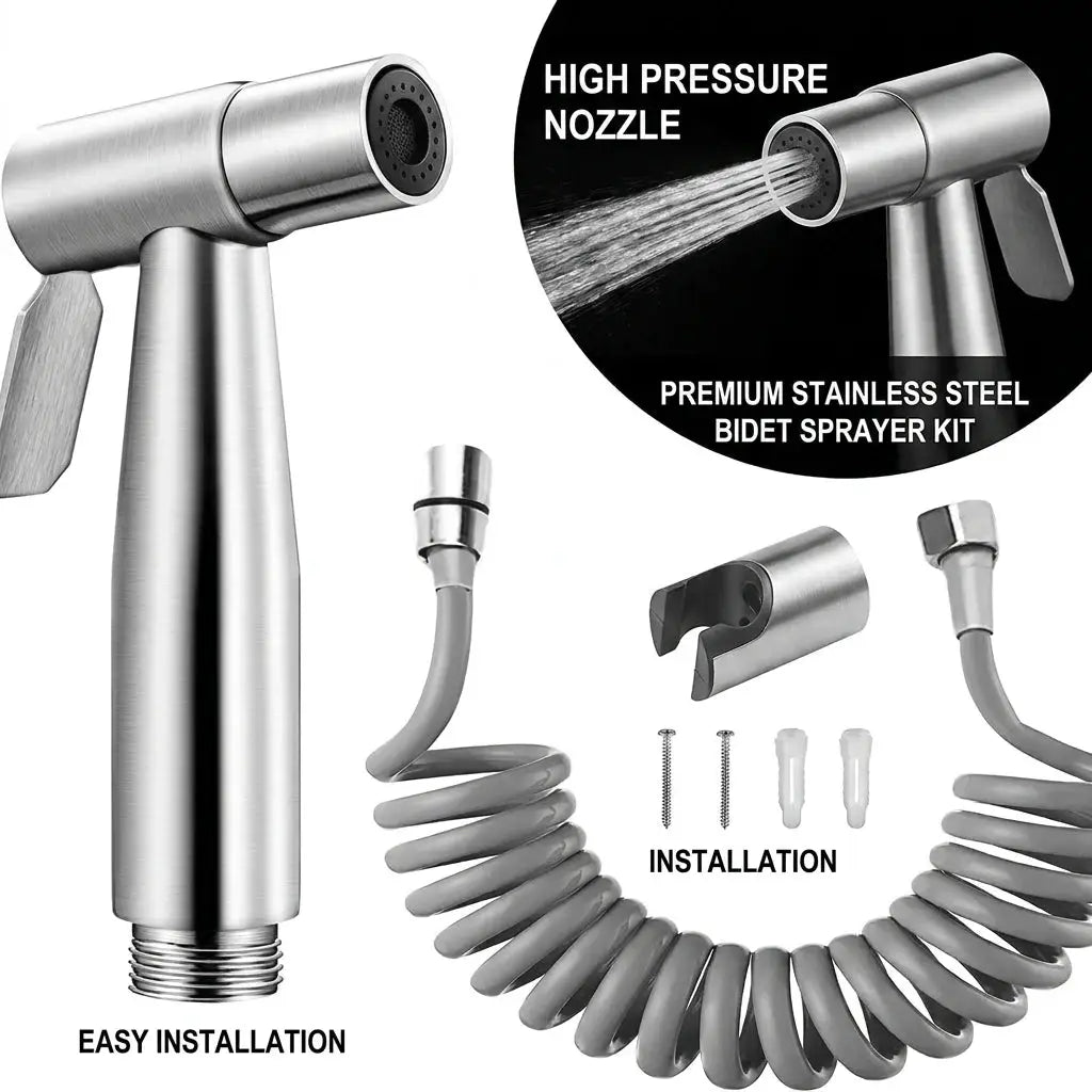Simples Market stainless steel high-pressure handheld shower kit with 4.8-inch hose and wall bracket.