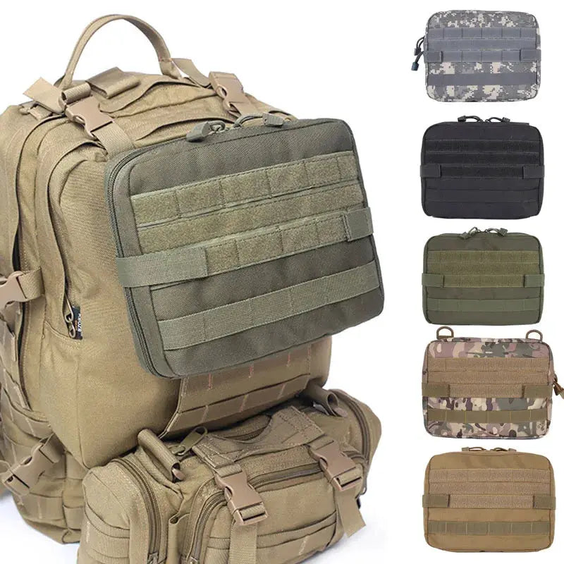 Simples Market MOLLE pouch bag EMT medical kit; tan tactical backpack with front MOLLE panel and five color pouches