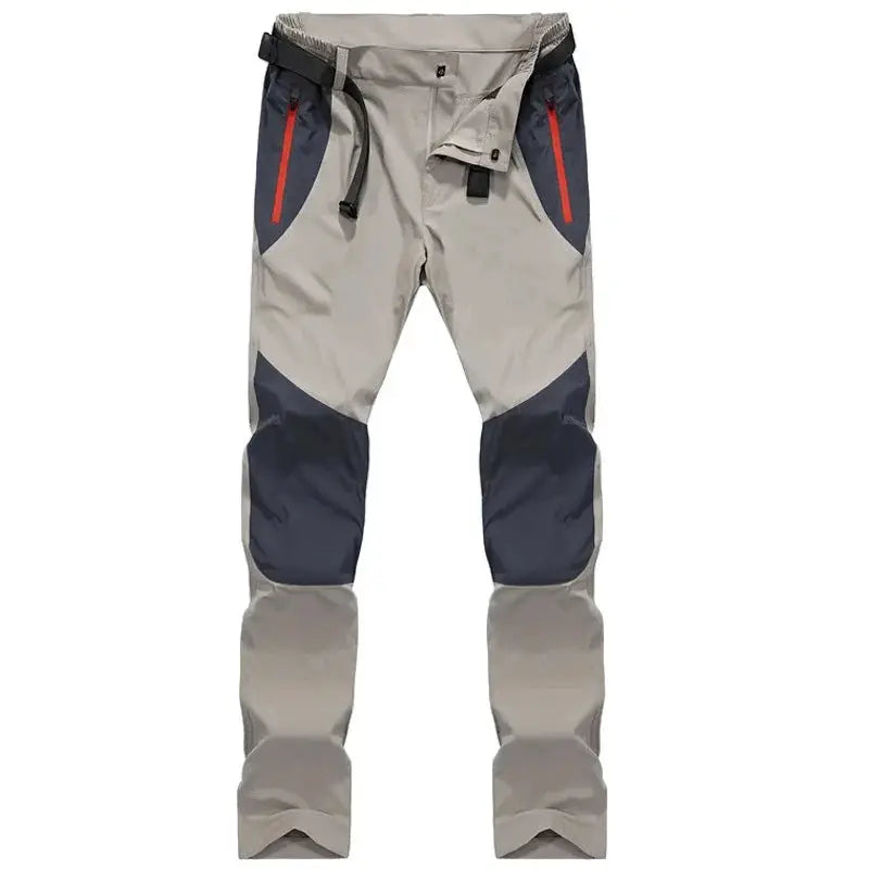 Men's tactical waterproof cargo pants, gray with navy knee panels and red zip pockets, quick-dry outdoor pants.