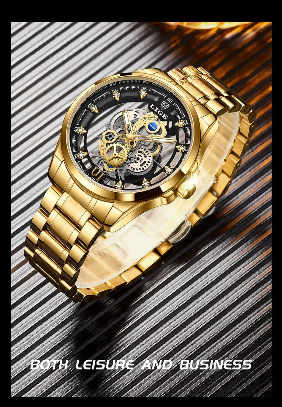 LIGE men's gold stainless steel skeleton watch with exposed gears