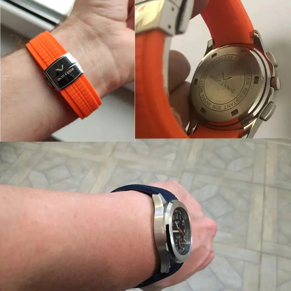 Specht & Söhne New Classic 5167 men's watches; two orange/blue rubber straps, stainless steel cases, sapphire crystal.