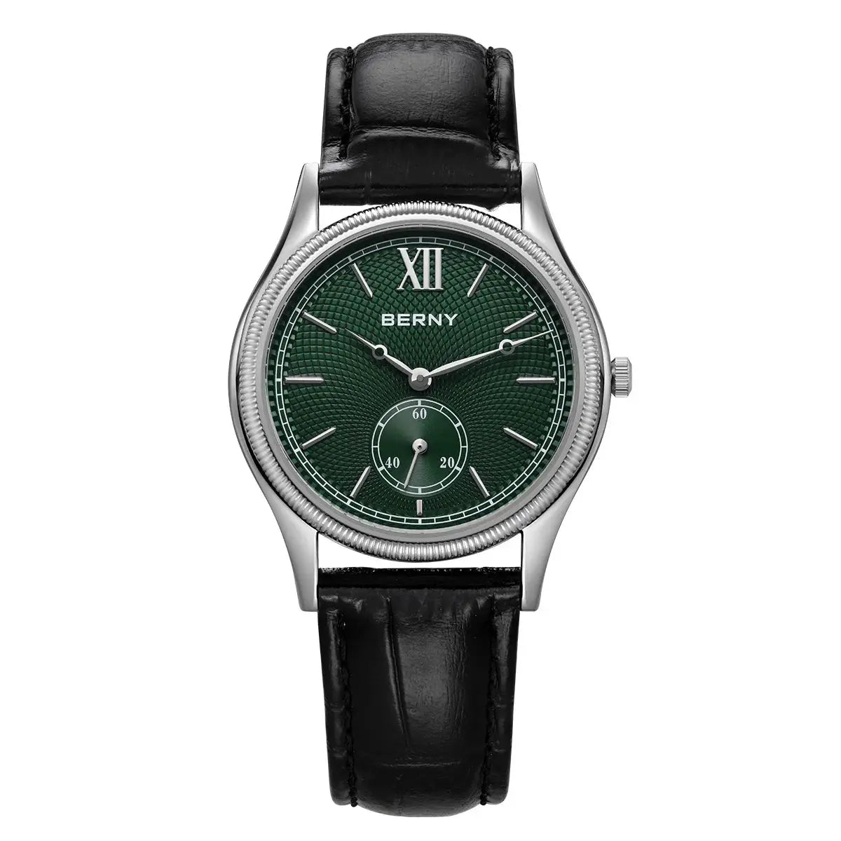 BERNY men's watch with green textured dial, silver case, black leather strap, Roman XII, and small seconds subdial.