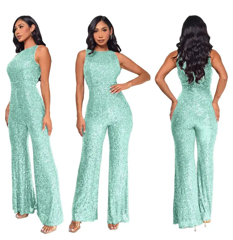 Sequin jumpsuit mint green for women by Simples Market; sleeveless, high-waist, wide-leg, three views