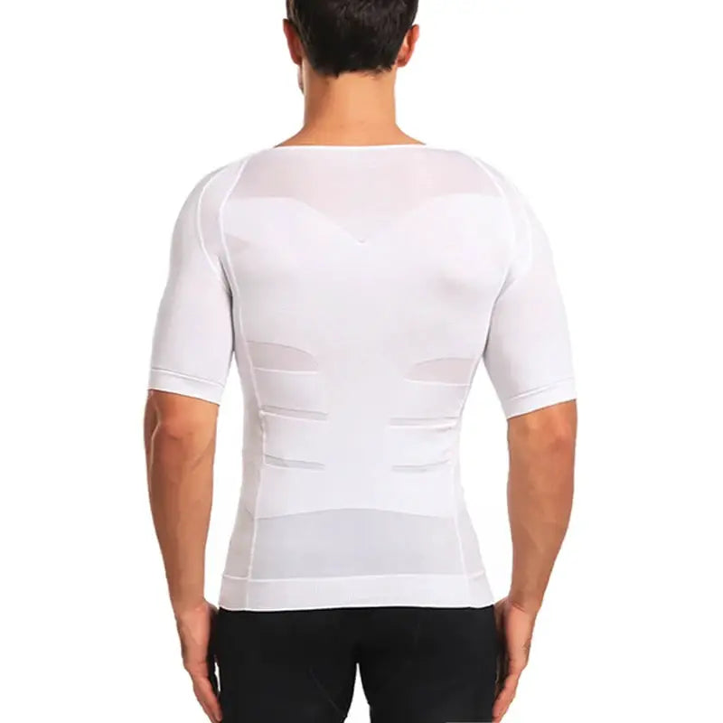 Men's white compression body shaper shirt with short sleeves and torso shaping from Simples Market