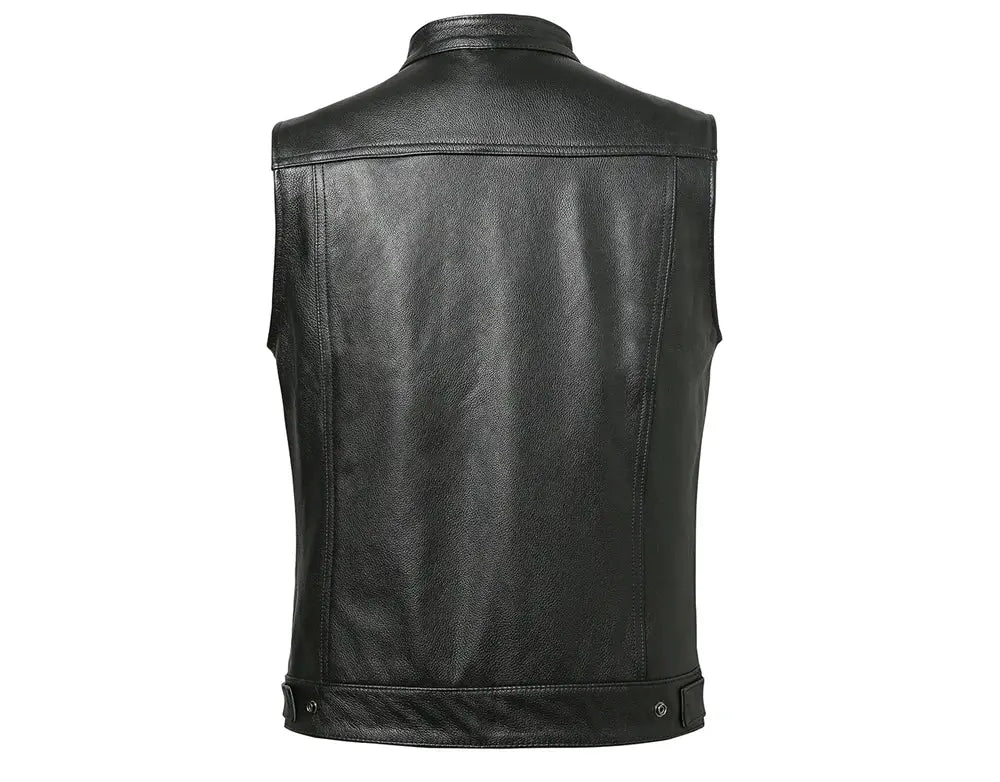 Men's faux leather waistcoat by Simples Market, black biker-style vest with stand collar.