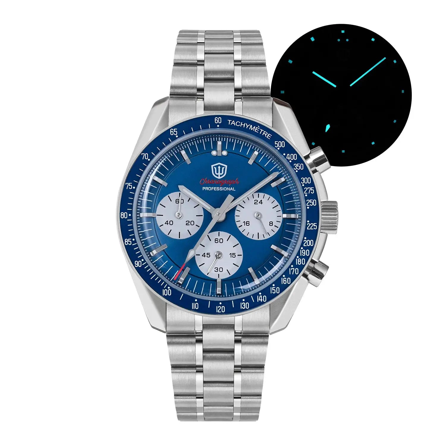 Watchdives WD1863 chronograph watch, stainless steel case/bracelet, blue dial with white subdials and tachymeter.