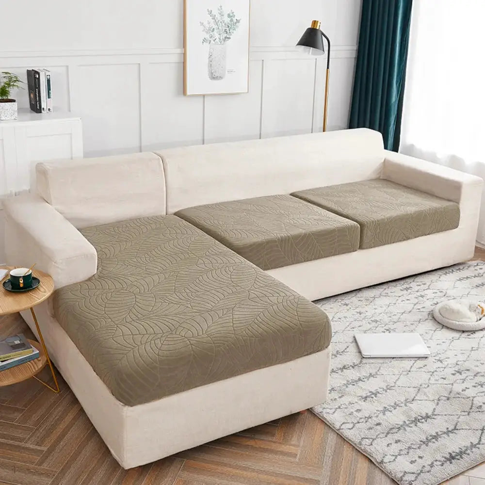 Waterproof stretch sofa cushion cover in taupe jacquard for 3-seat sectional sofa