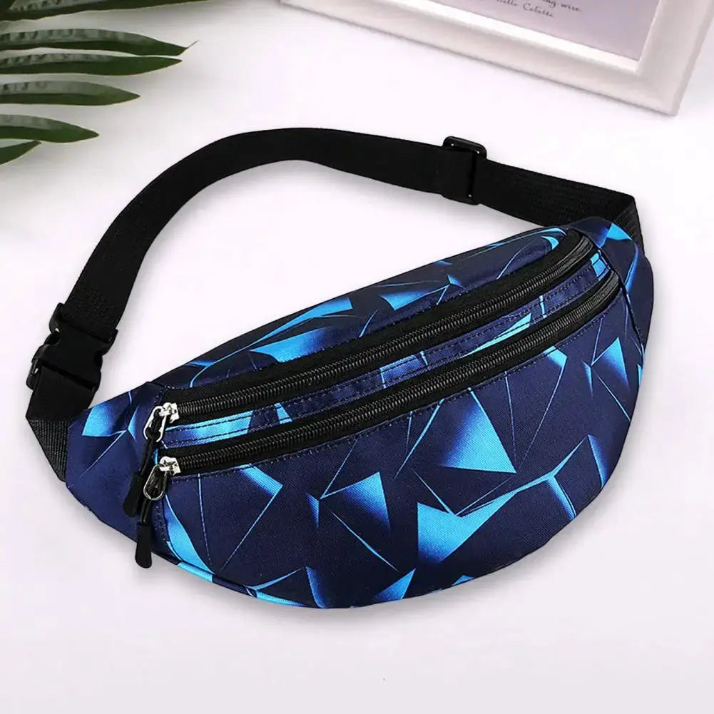 Waist pack blue geometric pattern with dual zippers and adjustable strap