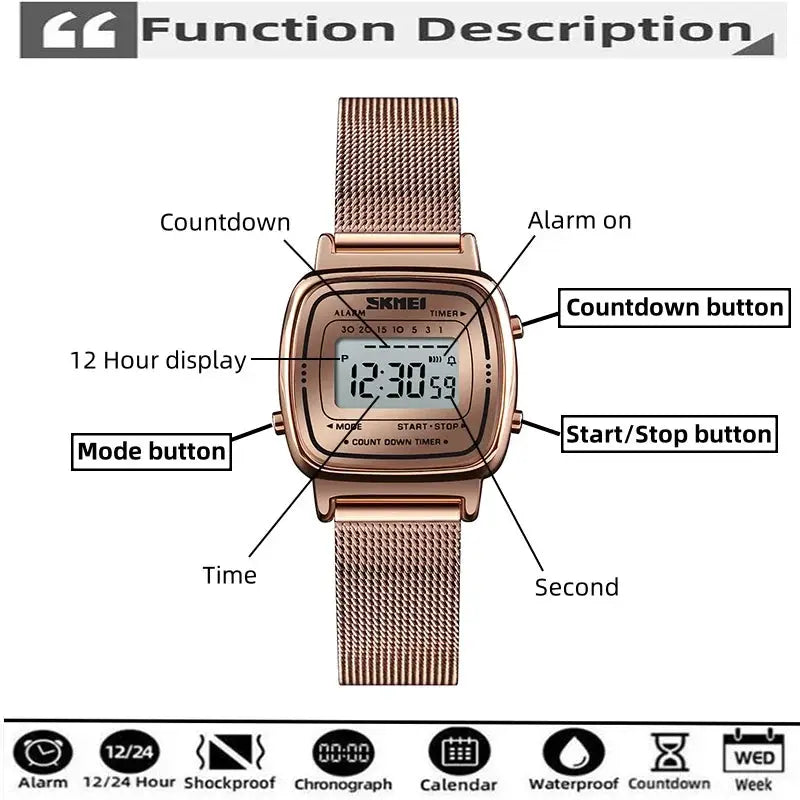 Skmei Women Digital Chronograph Wristwatch Stainless Steel Strap 30M Water Resistant Fashion Timepiece