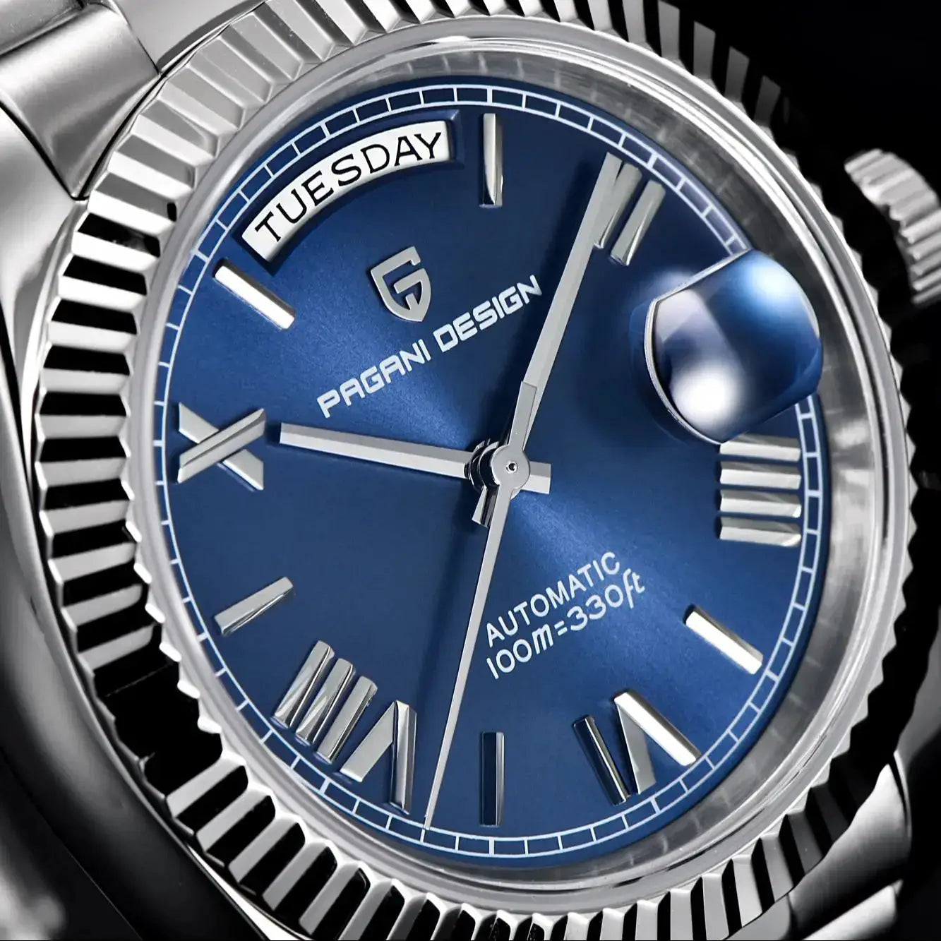 Pagani Design DD36 automatic wristwatch with blue dial, day indicator, and stainless steel case