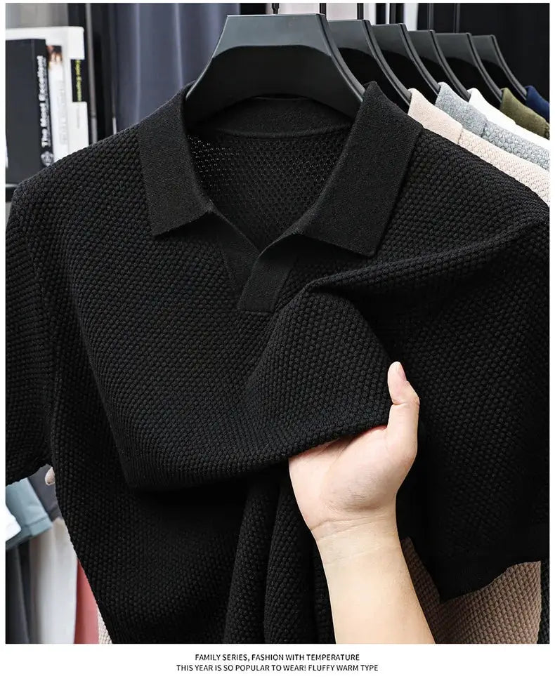 Simples Market black 100% cotton knit polo shirt, short-sleeve with textured fabric on hanger; color options visible