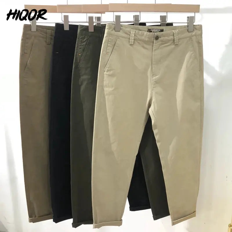 HIQOR men's cotton chinos; loose casual pants in beige, khaki, olive and black (4-pair set)