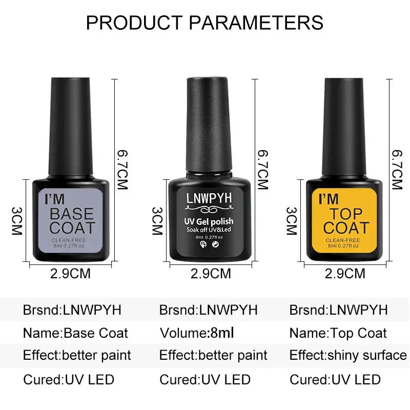 Three-piece gel nail polish set by LNWPYH: base coat (gray bottle), UV gel polish (black bottle), top coat (yellow label).