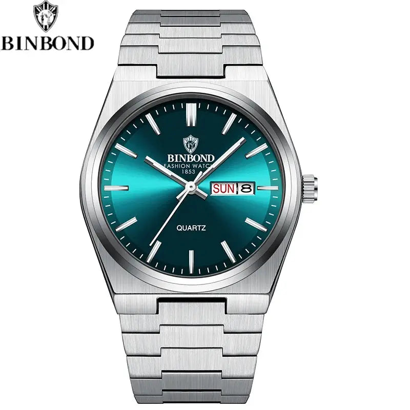 BINBOND men's stainless steel quartz watch with teal sunburst dial and day-date window