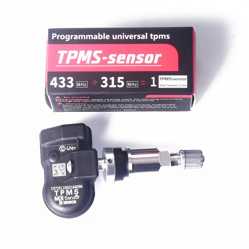 TPMS sensor 433/315 MHz dual-band, black housing with metal stem by Simples Market.