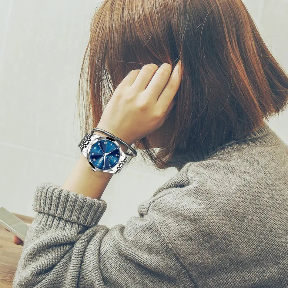 LIGE women's luxury waterproof watch with blue dial and stainless steel bracelet
