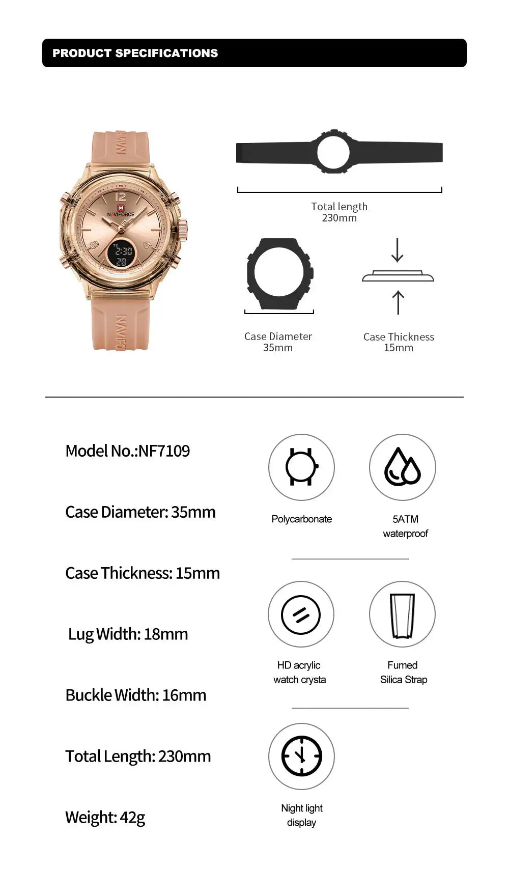 NAVIFORCE women's watch with rose-gold case and pink rubber strap, analog-digital display