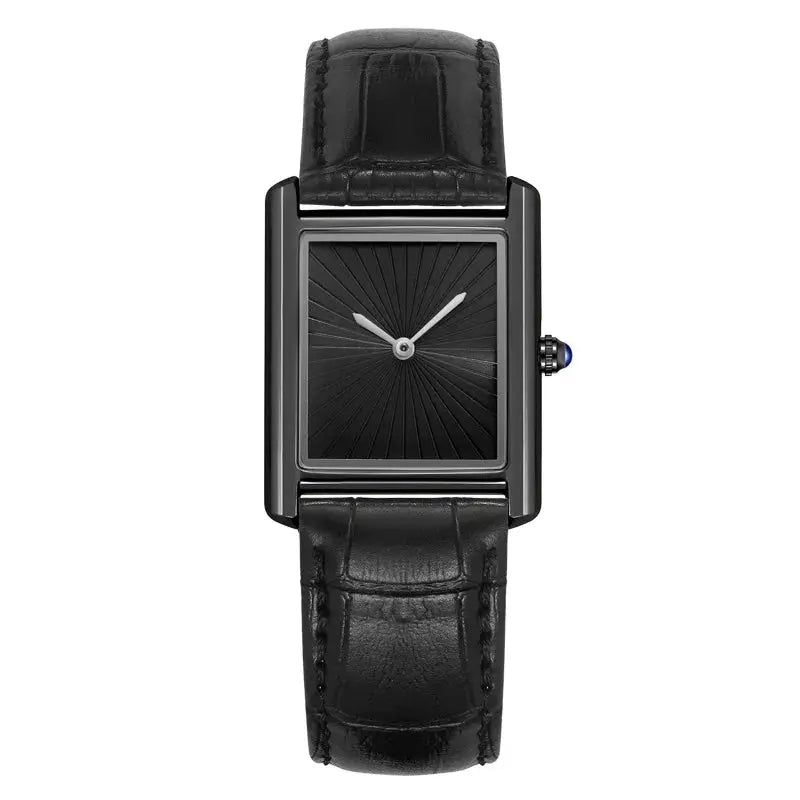 New Classic Square Watch with black leather strap, two-hand quartz, waterproof, black sunburst dial, unisex timepiece