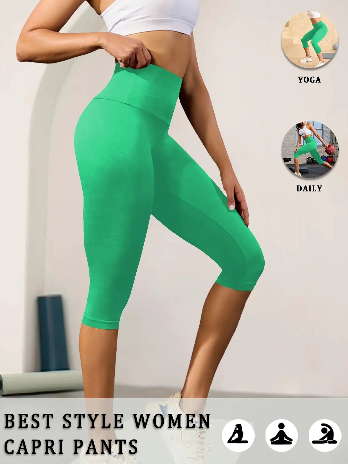 Women’s high-waisted green Capri leggings by Simples Market, soft fabric, tummy control, no see-through