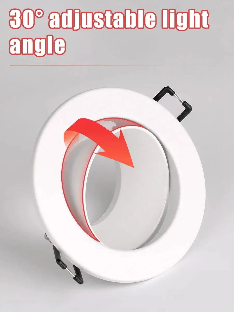 White round GU10 LED downlight with 30° adjustable tilt for ceilings