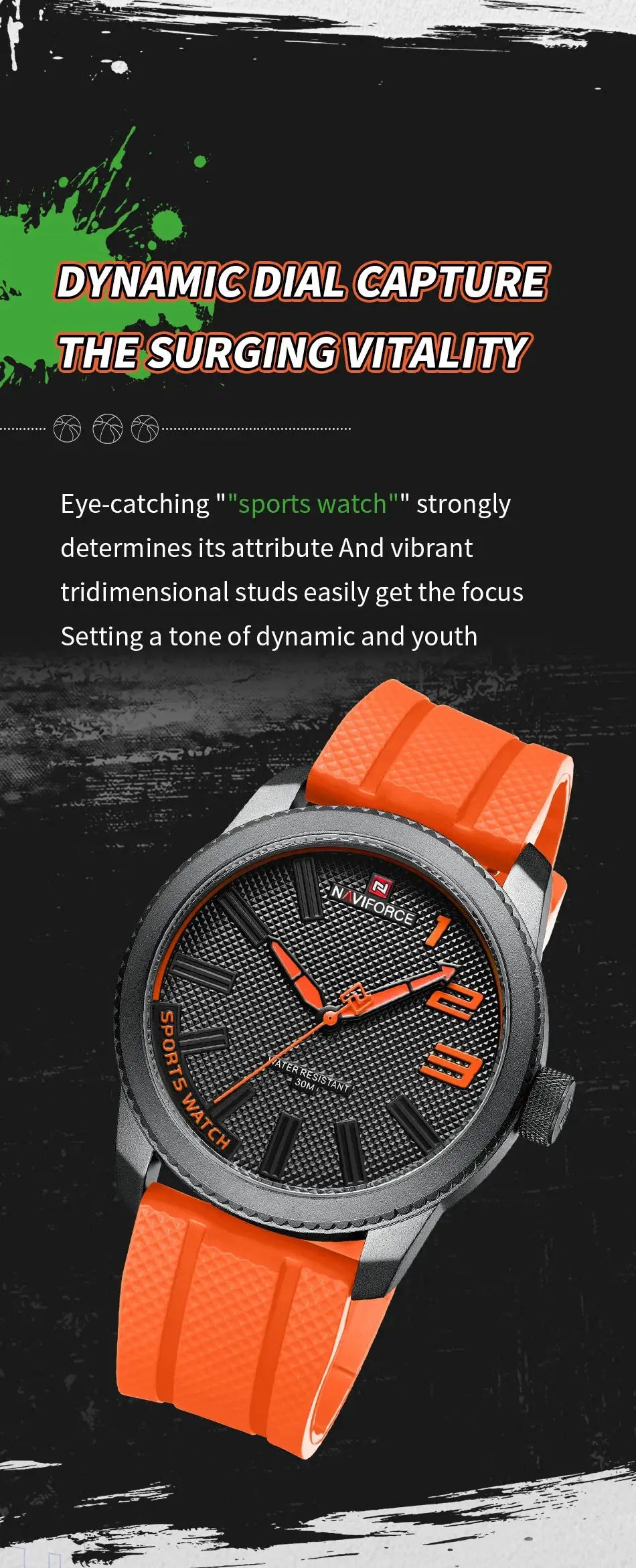 NAVIFORCE sport watch with orange silicone strap, black textured dial, 30M water resistant.