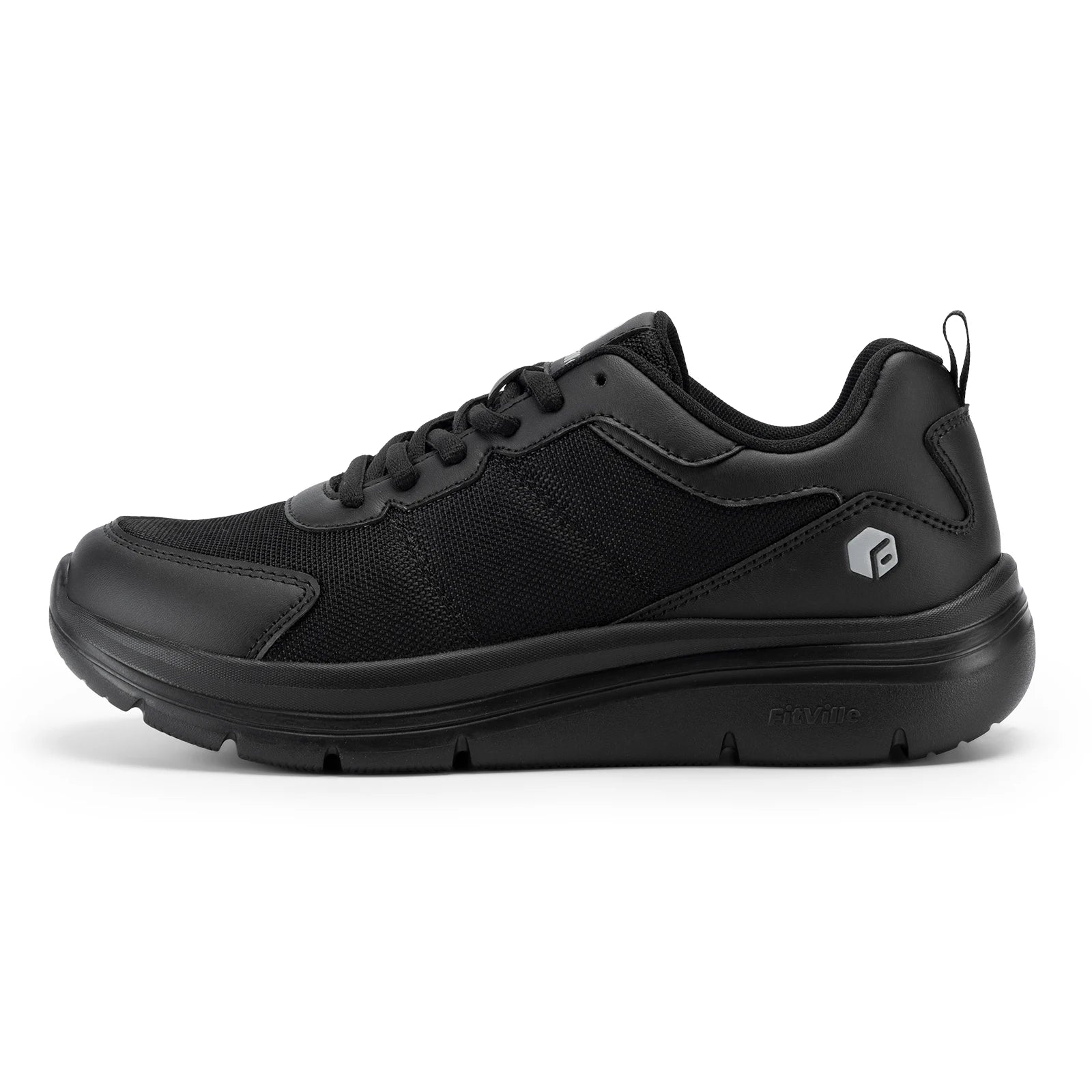 FitVille men's black walking shoe with mesh upper, cushioned sole, wide width