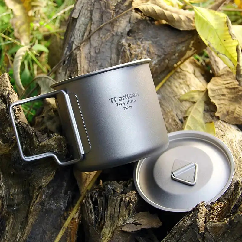 Tiartisan titanium camping mug with folding handle; gray, 350ml capacity