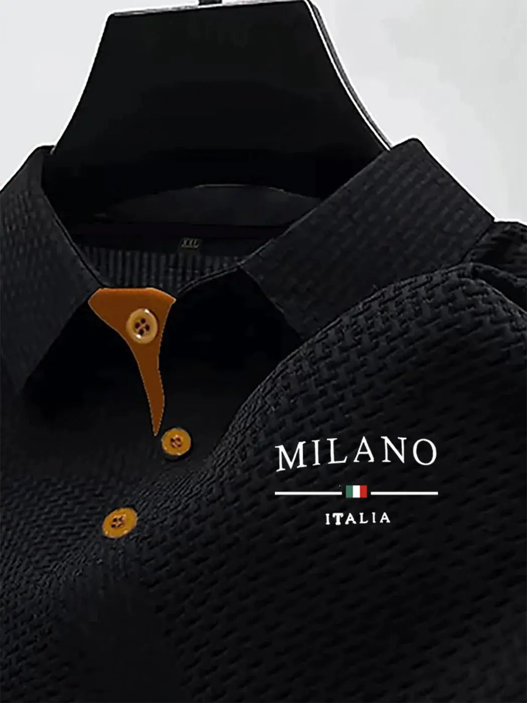 Simples Market men's black short-sleeve polo with orange placket and Milano Italia logo
