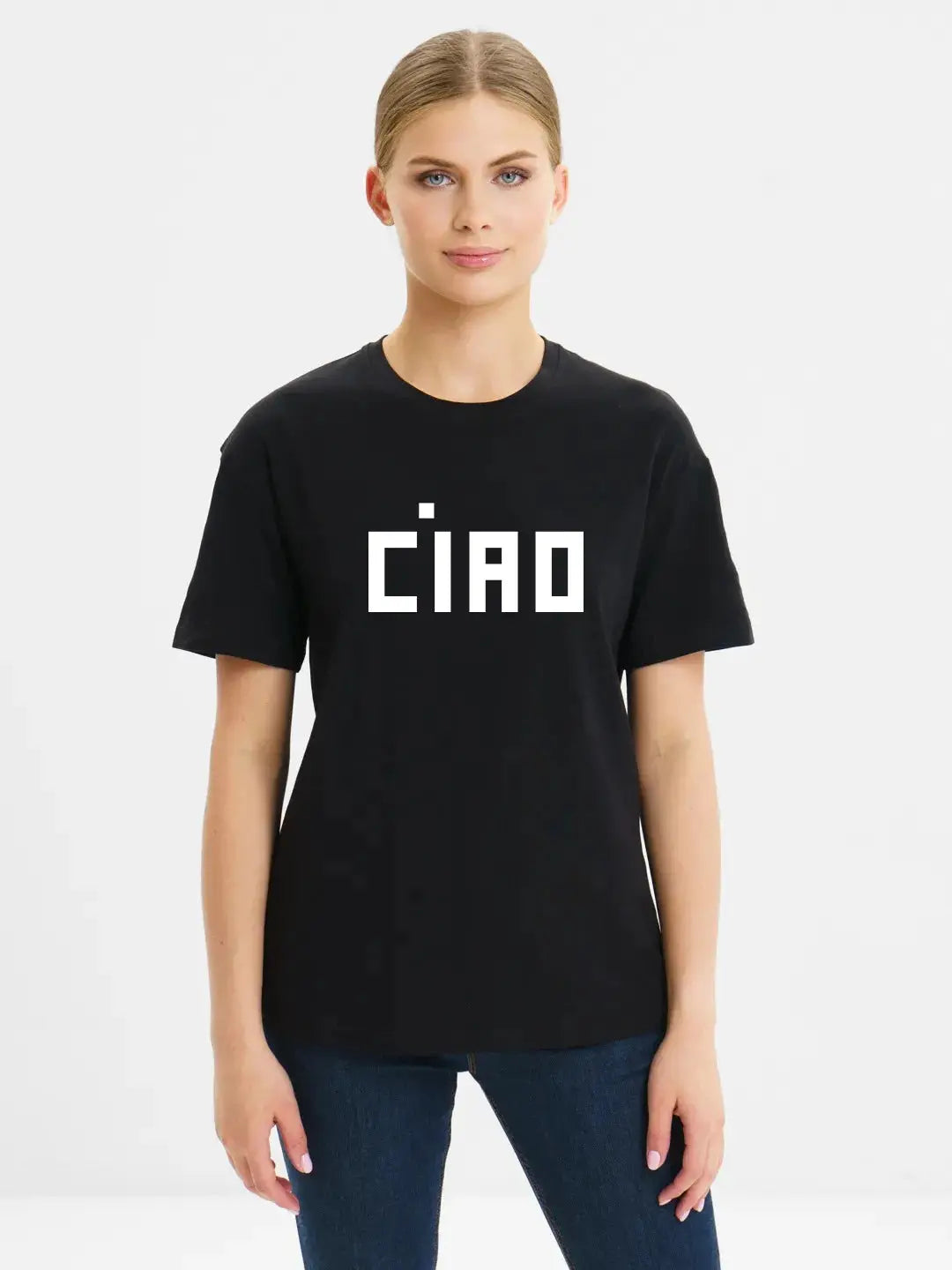 Black T-shirt with white block logo on chest, worn by a model.