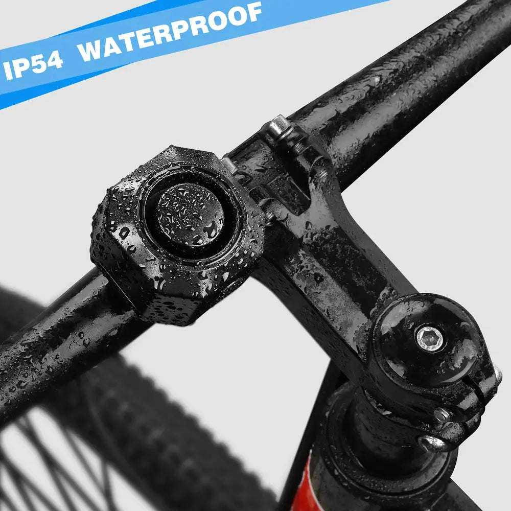 Hollarm wireless bike vibration alarm, black, USB charging, mounted on a bicycle handlebar, IP54 waterproof.