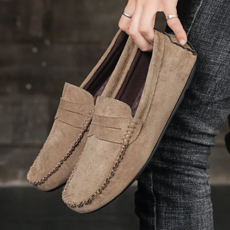 Men's tan suede loafers by Simples Market; slip-on driving shoes
