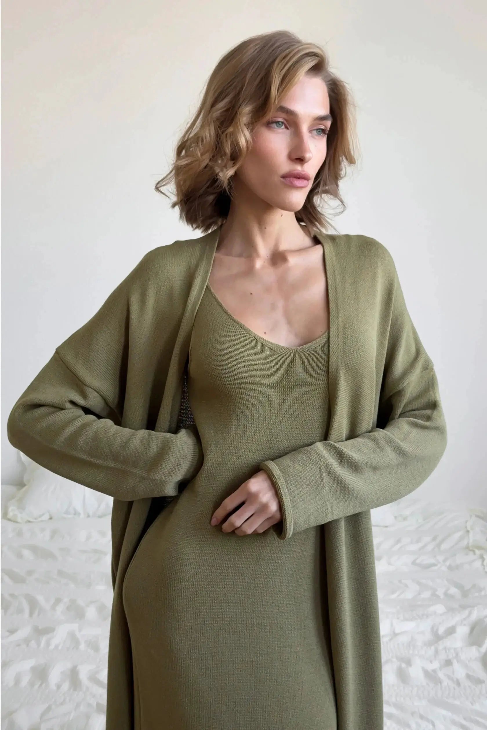 Hirsionsan Soft Loose Women Two Piece Knit Cardigan And Vest Set