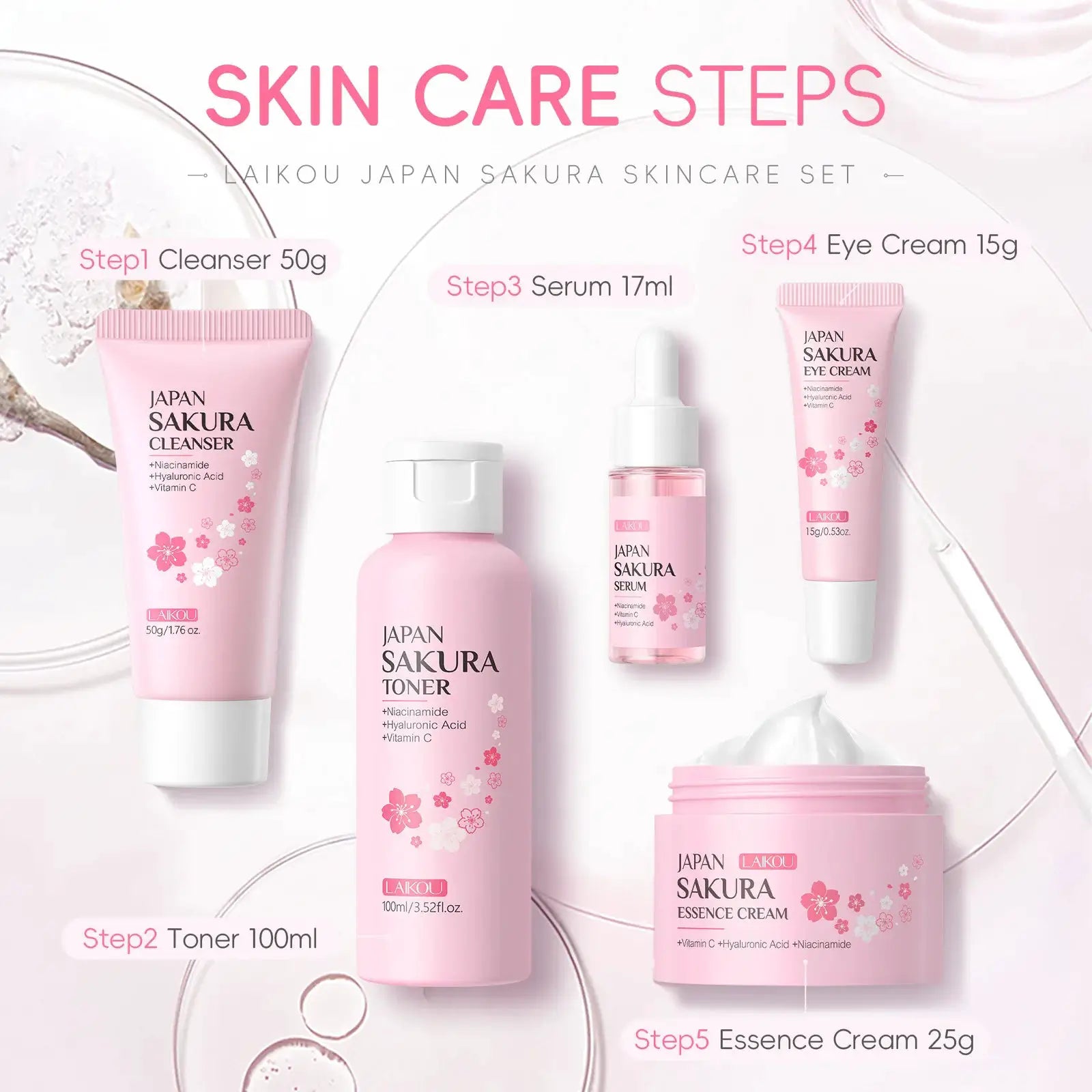 Laikou Sakura Kit Skincare Set 5 Piece Moisturizing Fine Line Reduction Pore Cleanser Niacinamide Brightening Gift Women