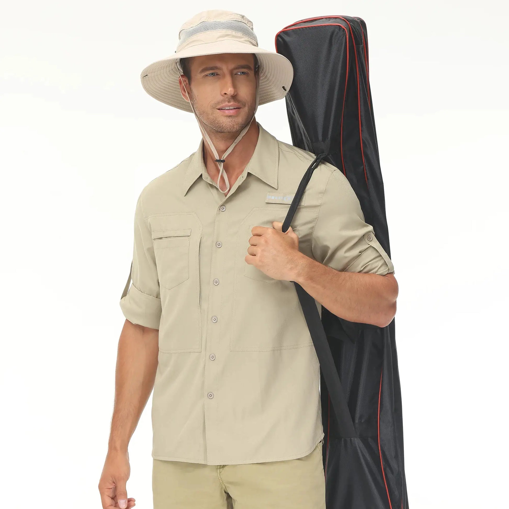 Simples Market men's long-sleeve fishing shirt, tan, UPF 50+ sun protection, breathable lightweight with zipper pocket
