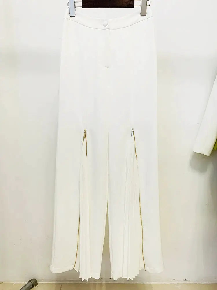 Women's white wide-leg suit pants with zippered pleated panels