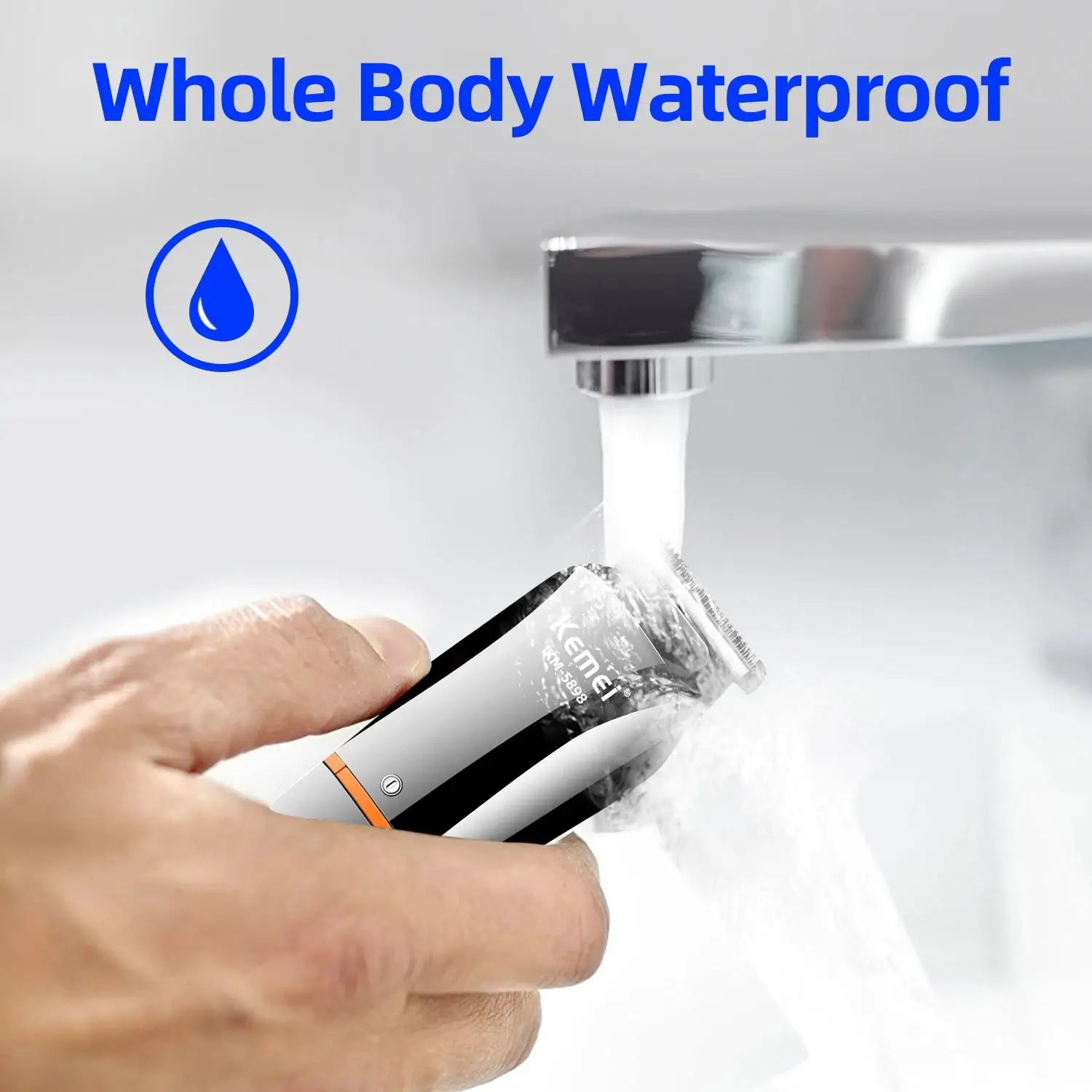 Kemei waterproof 11-in-1 grooming trimmer; black-and-white body with orange accent under running faucet