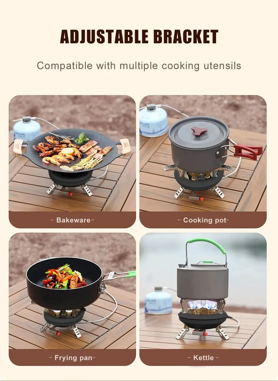 Simples Market BRS201A camping gas stove with gray body and four cookware options.