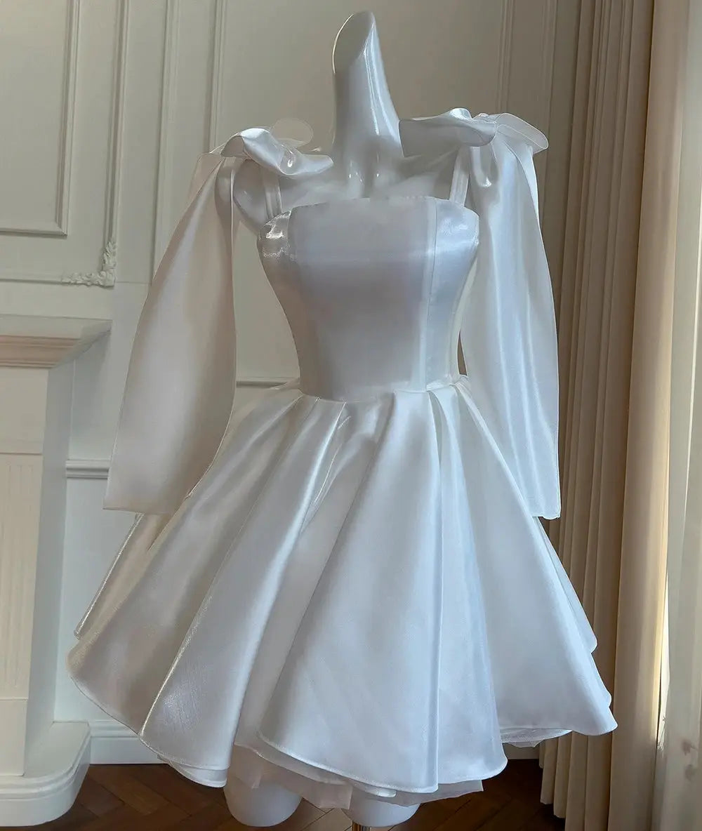 White Satin Bow A Line Knee Length Cocktail Dress Spaghetti Straps