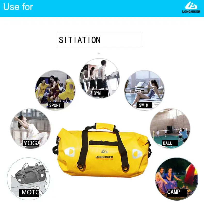 Waterproof duffle bag, 40–120L, yellow with black straps by Longhiker
