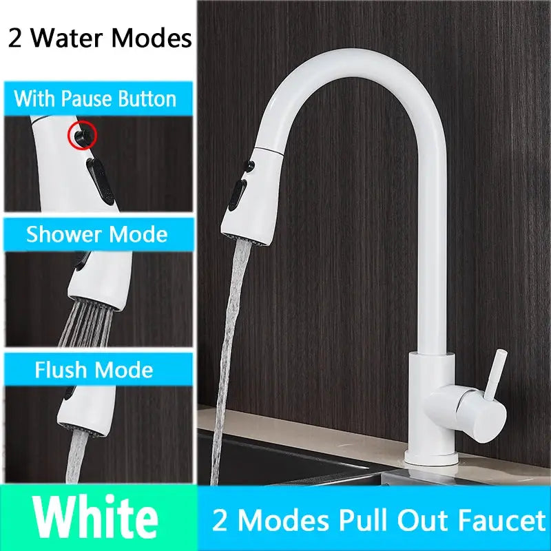 Simples Market white pull-out kitchen faucet with dual water modes, deck-mounted