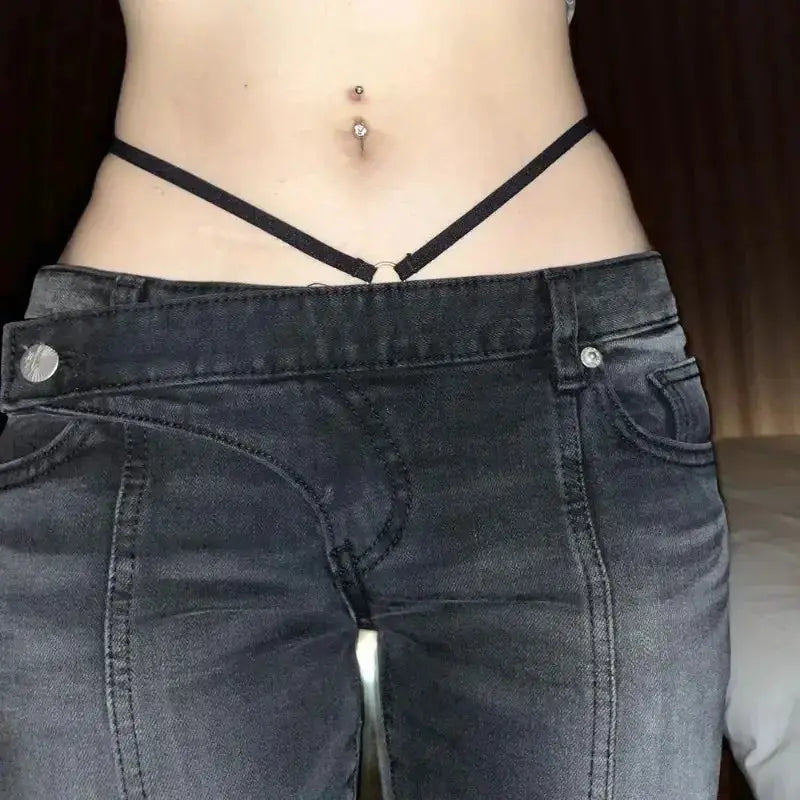 Vintage Distressed Asymmetrical Low Waist Jeans Grunge Flare Denim