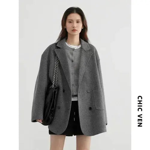 Chic Ven Womens Woolen Coat Loose Casual Fit Retro Double Breasted Outerwear For Autumn And Winter