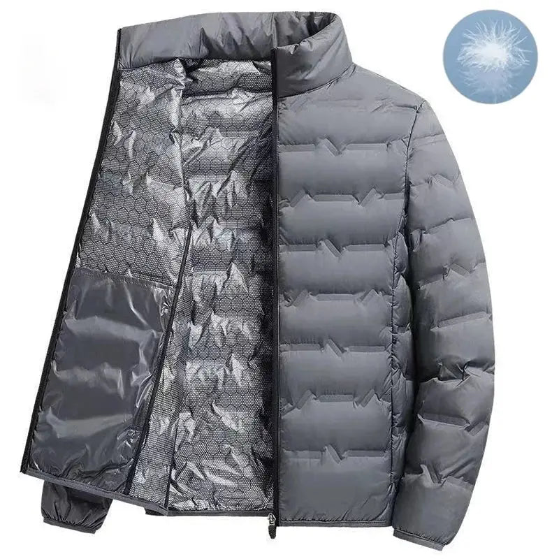 Men's duck-down jacket by Simples Market, gray, hooded ultralight quilted puffer, windproof and waterproof.
