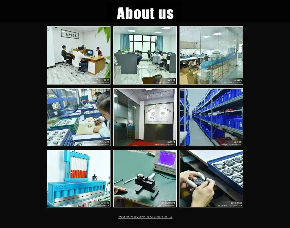 About us collage showing Simples Market watch production offices, labs, and warehouse scenes.