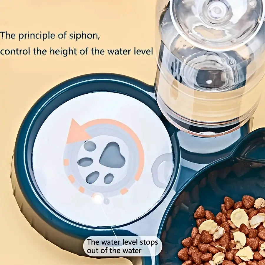 Pet bowls with gravity water bottle by Simples Market; blue base and tilted 3-in-1 feeder.