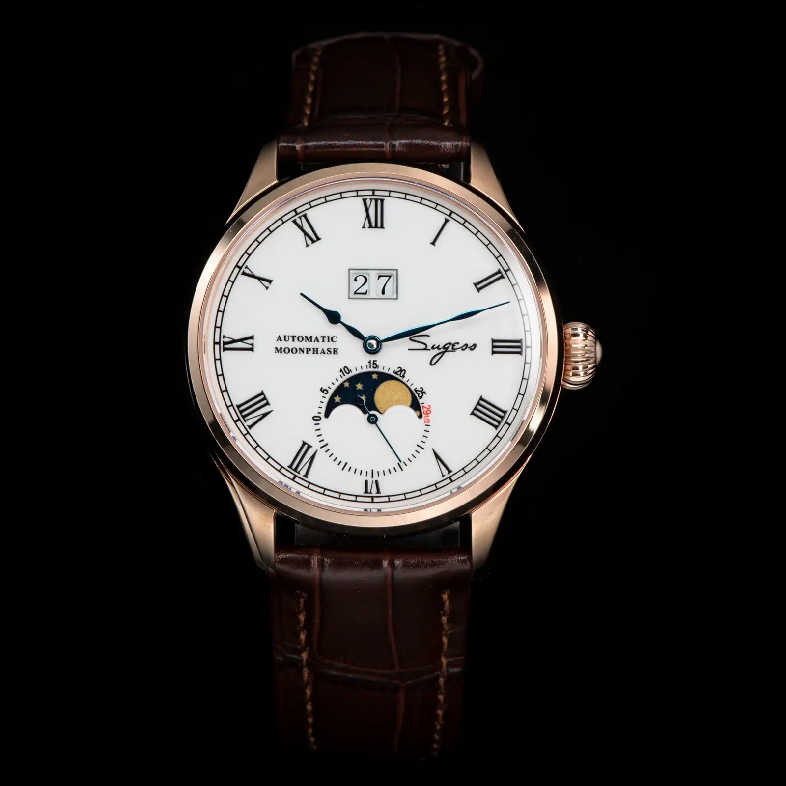 Sugess Tianjin ST25 automatic moonphase watch with rose-gold case, white dial, Roman numerals, blue hands, leather strap