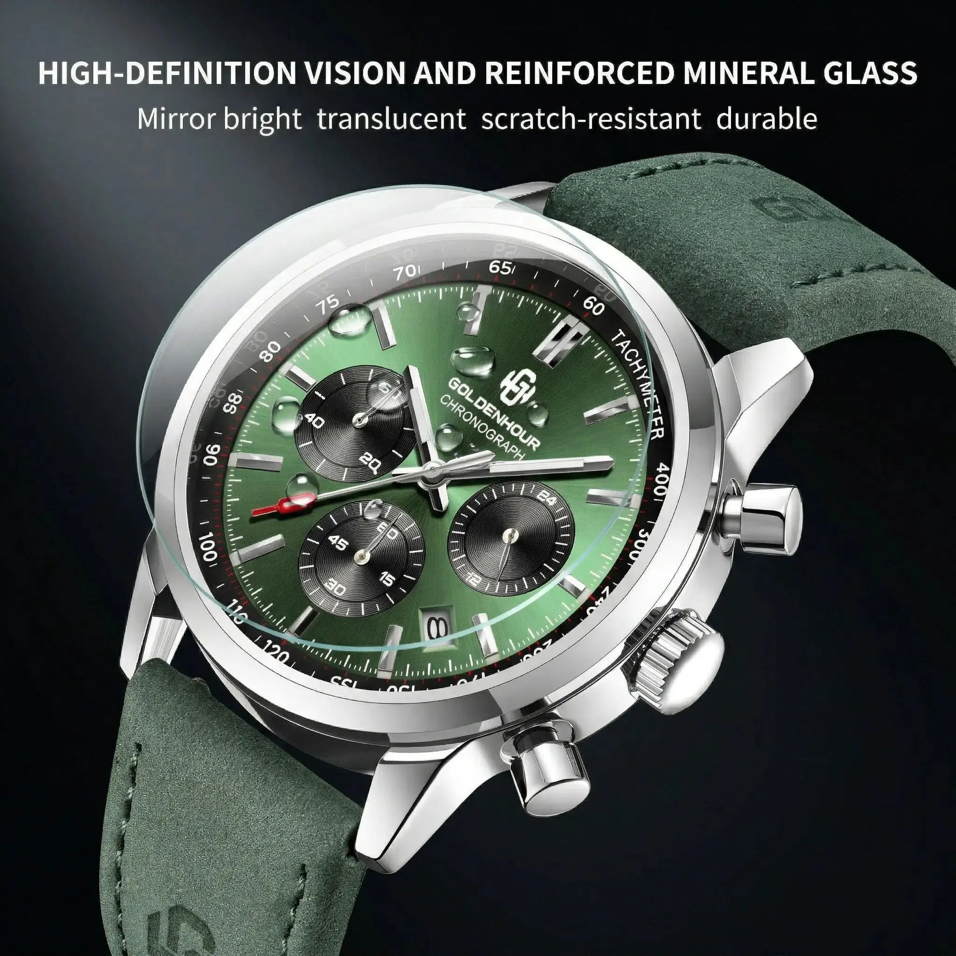 Men's GoldenHour green chronograph watch with leather strap by Simples Market