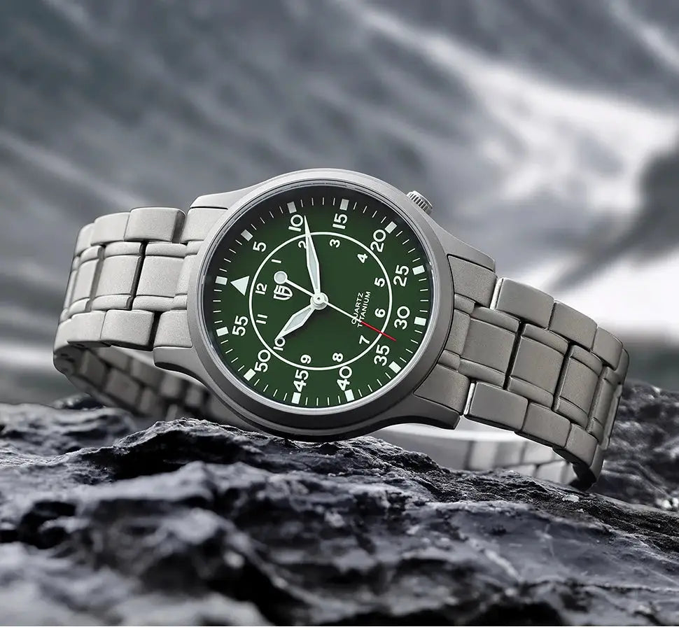 BERNY titanium men's watch with green dial and metal bracelet, luminous hands