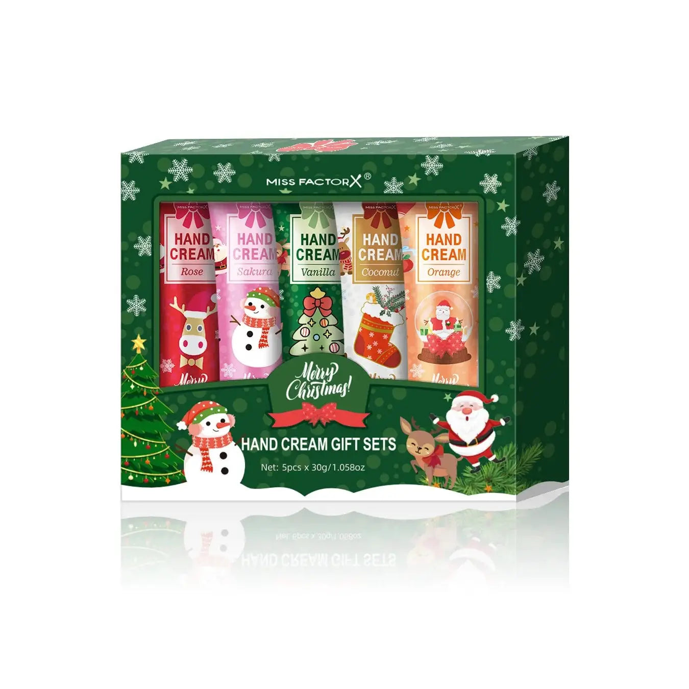 Miss FactorX hand cream gift set; 5 x 30g tubes in a Christmas green box