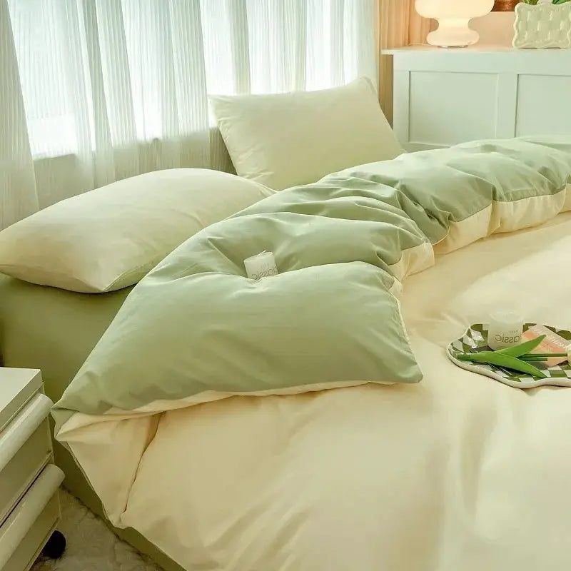 4-piece duvet cover bedding set, 2-side solid brush fabric in sage green and ivory